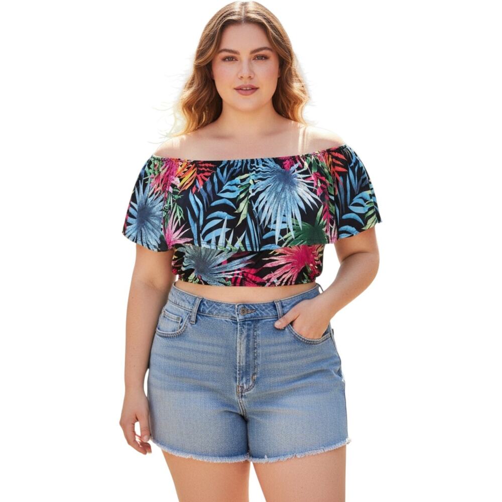 FTF Tropical Leaf Off Shoulder Crop Top Women's 0X Plus Ruffle Stretch NWT Beach